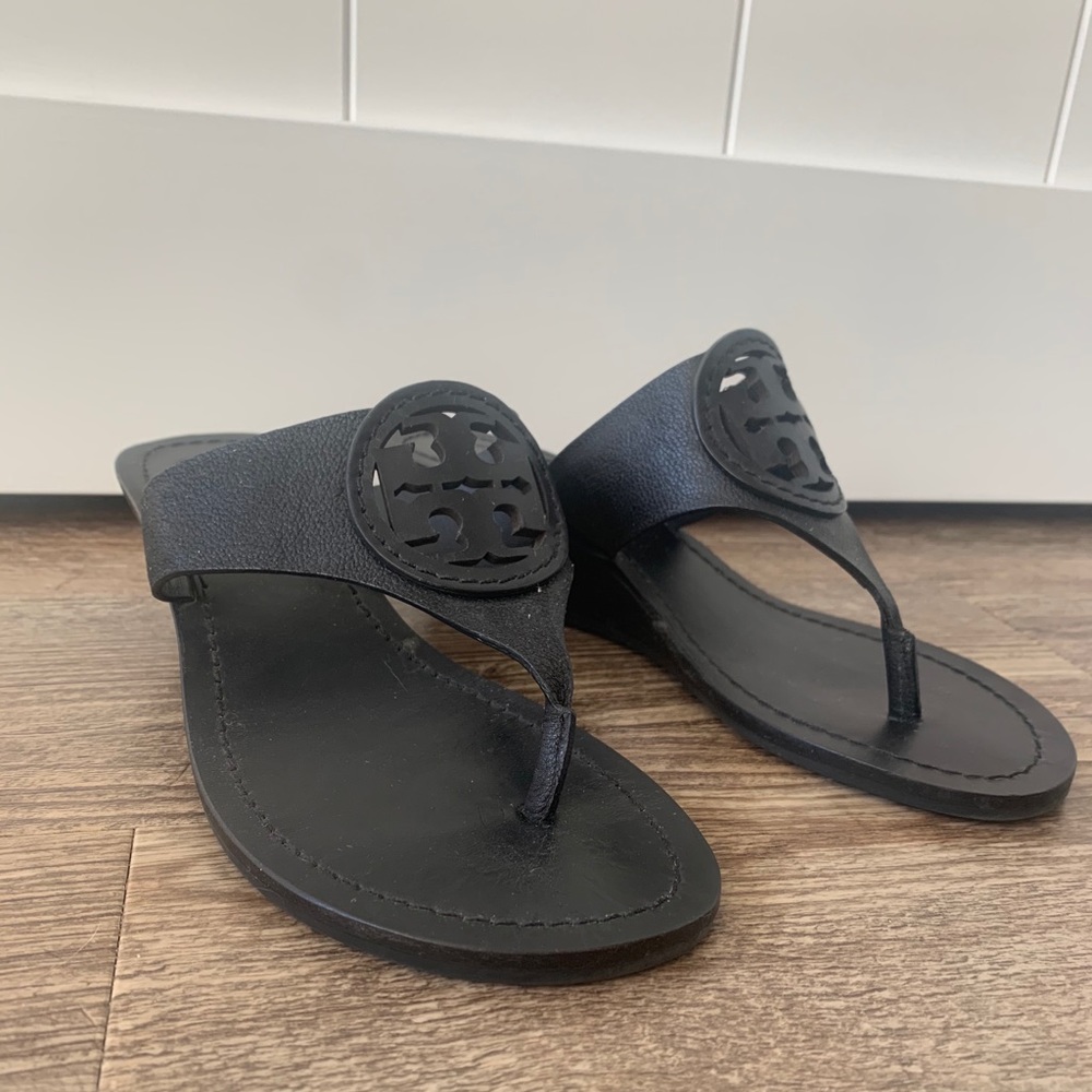Tory Burch Black Leather Wedge Sandals Size 7 1/2